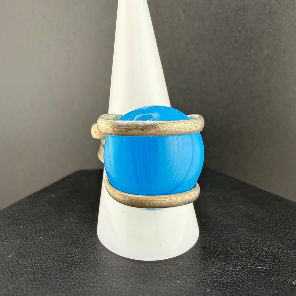 Vintage Ring Blue Glass Silver Tone Sculptural Bypass Wide Band Size 7.5